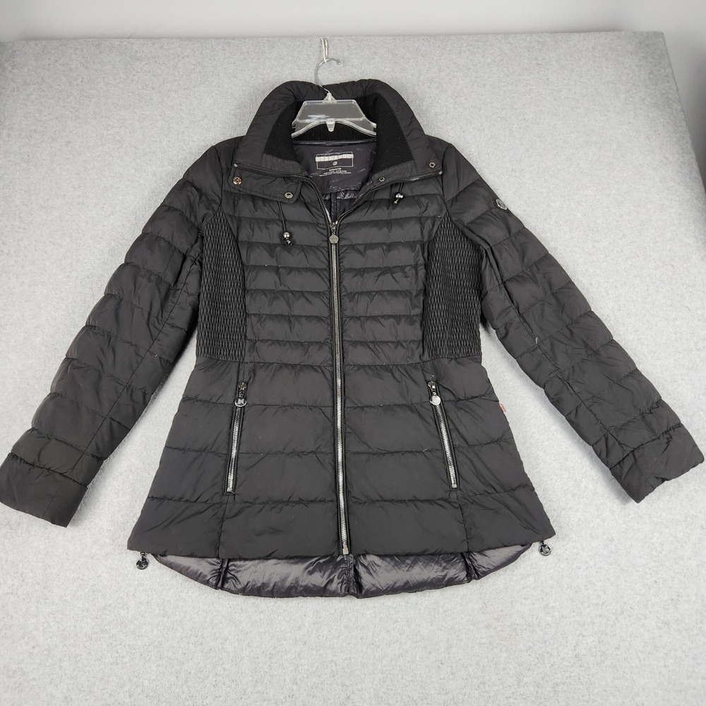 Bernardo Puffer Jacket Womens Medium Black Quilted PrimaLoft Cinched Waist Zip